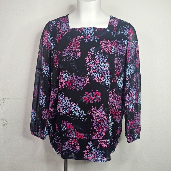 Lane Bryant Tunic Blouse Black & Pink Long Sleeve Square Neck Top - Picture 1 of 8